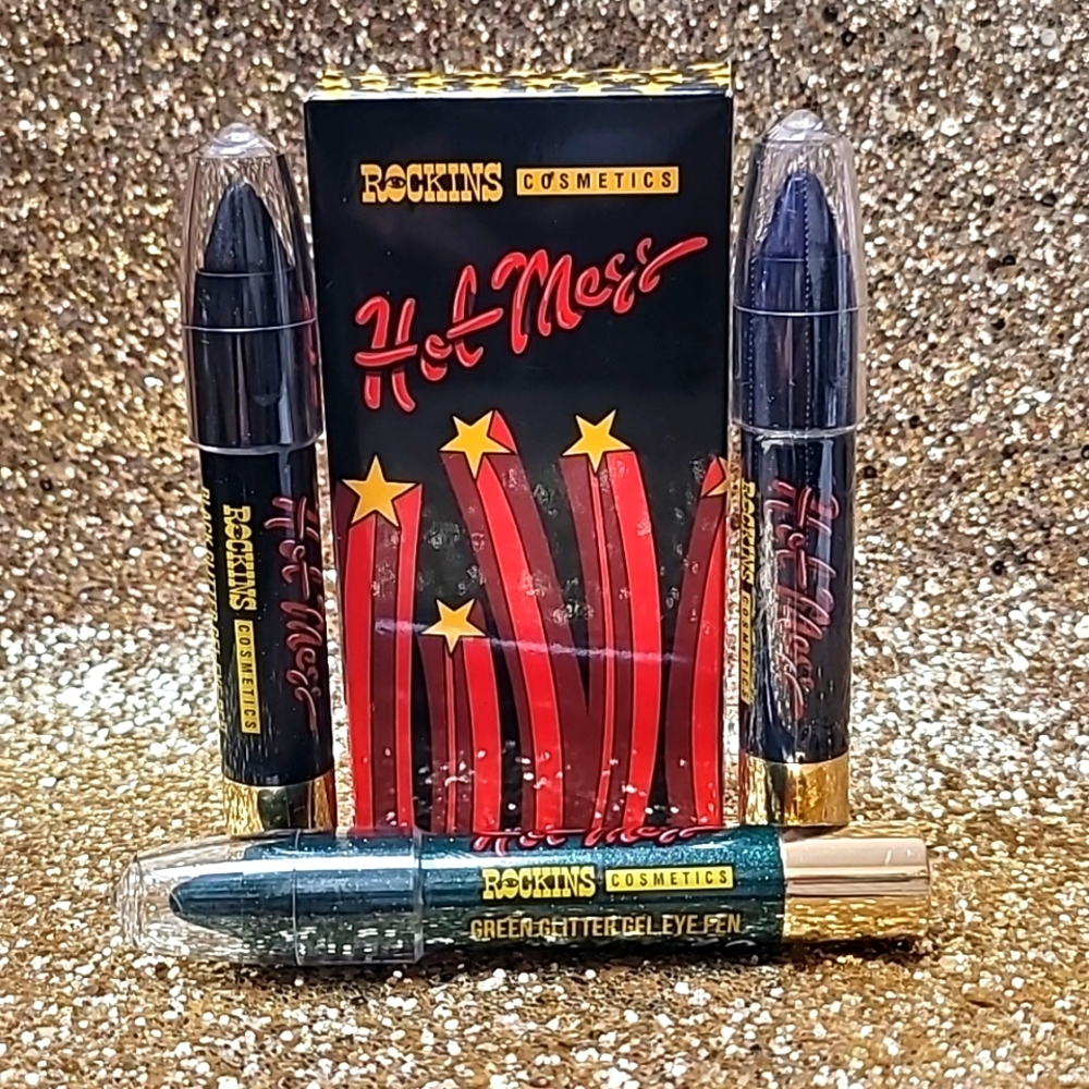 Black, Blue,  Green glitter gel eye pens.
